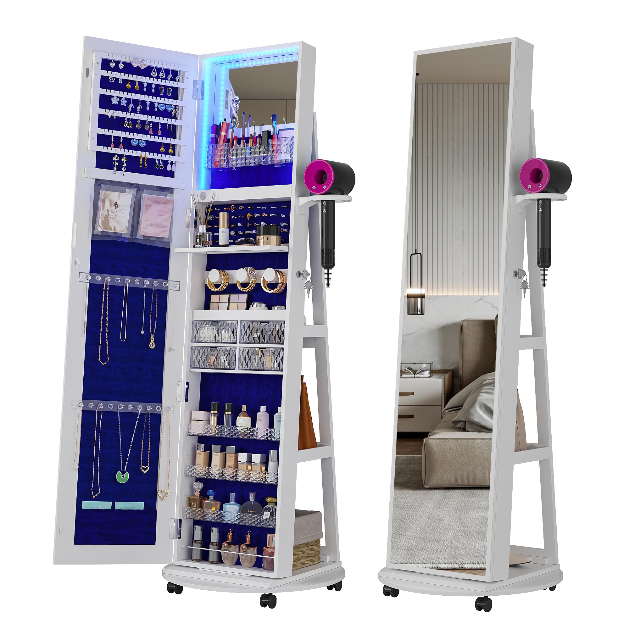 Full Length Mirror Jewelry Armoire - 360 ° خزانة مجوهرات دوارة مع