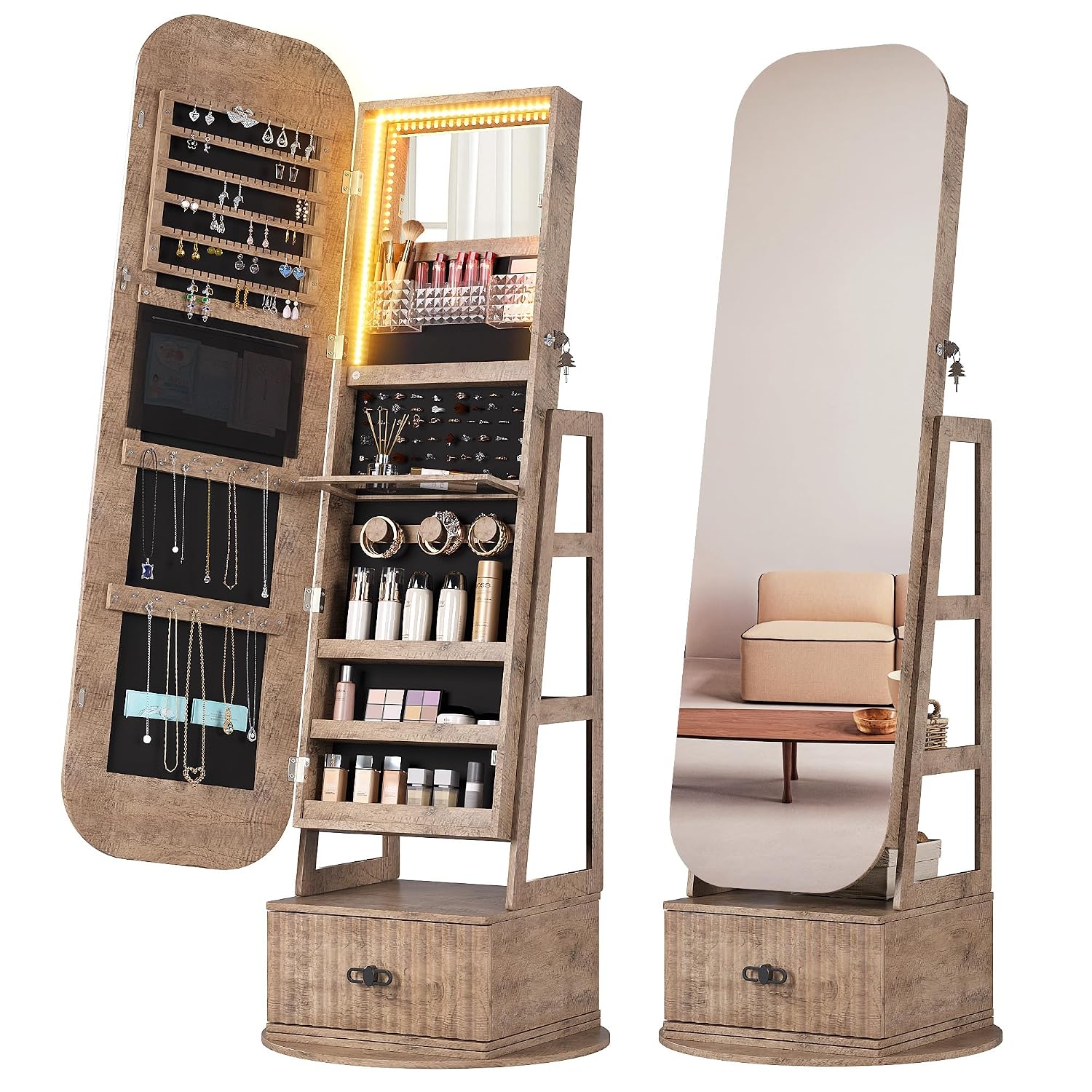 Full Length Mirror Jewelry Armoire - منظم مجوهرات دوار 360 درجة مع