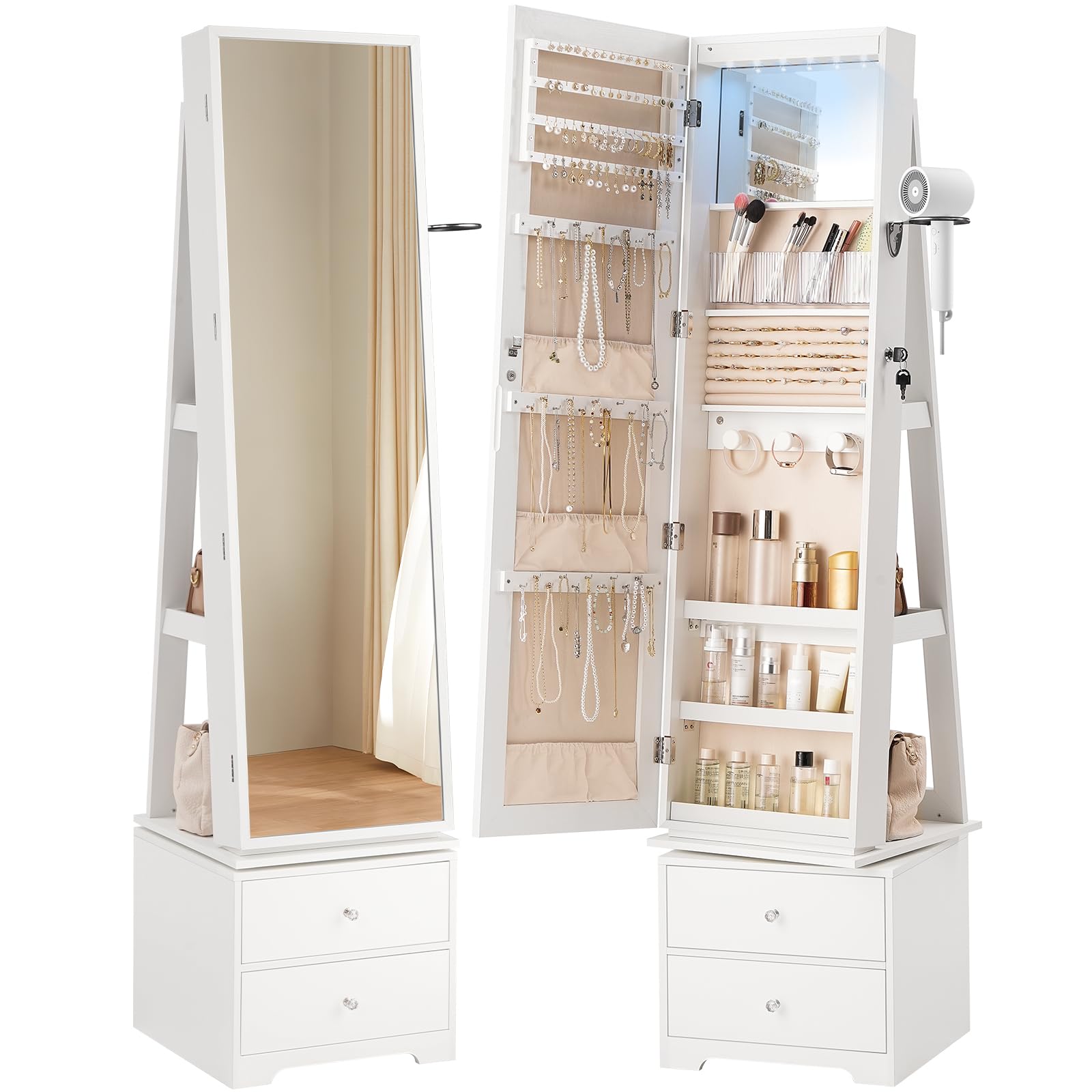 Full Length Mirror Jewelry Armoire - 360 ° خزانة مجوهرات دوارة مزودة