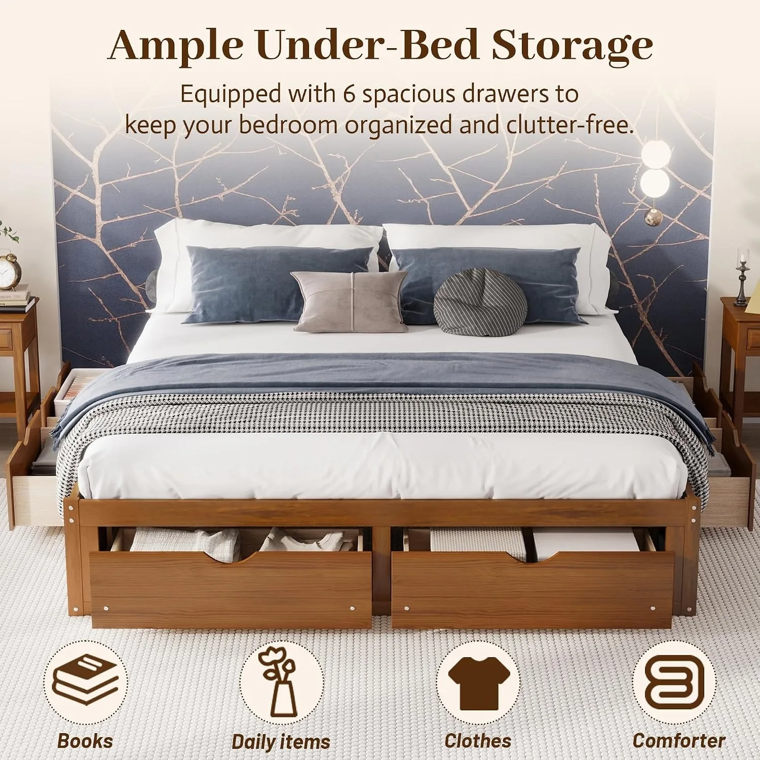 إطار سرير من خشب الصنوبر بتصمي - مراجعة King Size Bed Frame With Storage Drawers وسعره